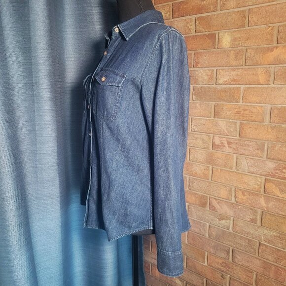 Talbots Women's Western Blue Denim Shirt Med Wash -Tabbed Sleeves Size 10 - Picture 6 of 11